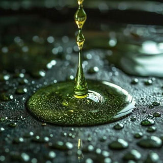 Dettaglio del colore verde scuro intenso e della consistenza pura dell'olio di semi di zucca nativo