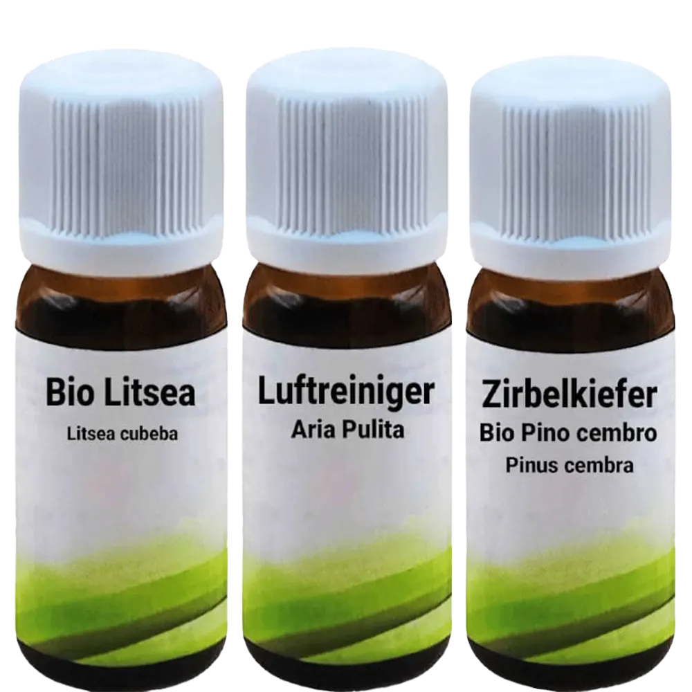 Set ätherische Öle: Zirbe Bio, Litsea Cubeba Bio und Luftreiniger