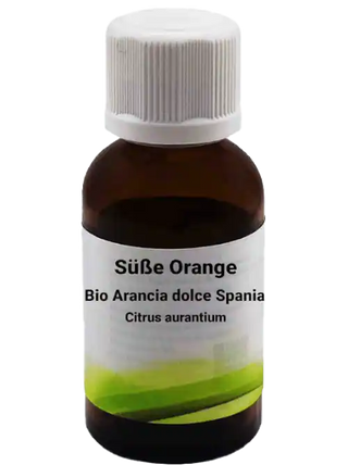 Una bottiglietta di vetro marrone con tappo a vite bianco, etichettata con "Bio Arancia dolce Spania - Citrus aurantium 30 ml". L'etichetta mostra un design minimalista verde.