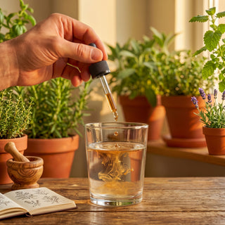 Estratto vegetale Viworo dosato a gocce in un bicchiere d'acqua, su tavolo di legno tra erbe aromatiche