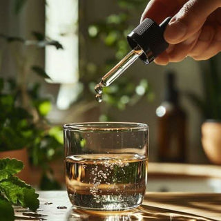 Mano che aggiunge gocce di un estratto Viworo a un bicchiere d'acqua, a simboleggiare l'uso quotidiano.