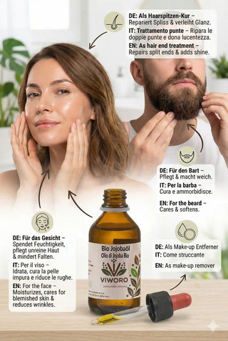 Applicazione Olio di Jojoba per la cura del viso, punte dei capelli e barba uomo