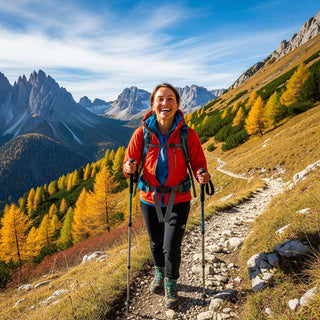 Donna che cammina energicamente su un sentiero di montagna in autunno, simbolo di vitalità e forti difese.
