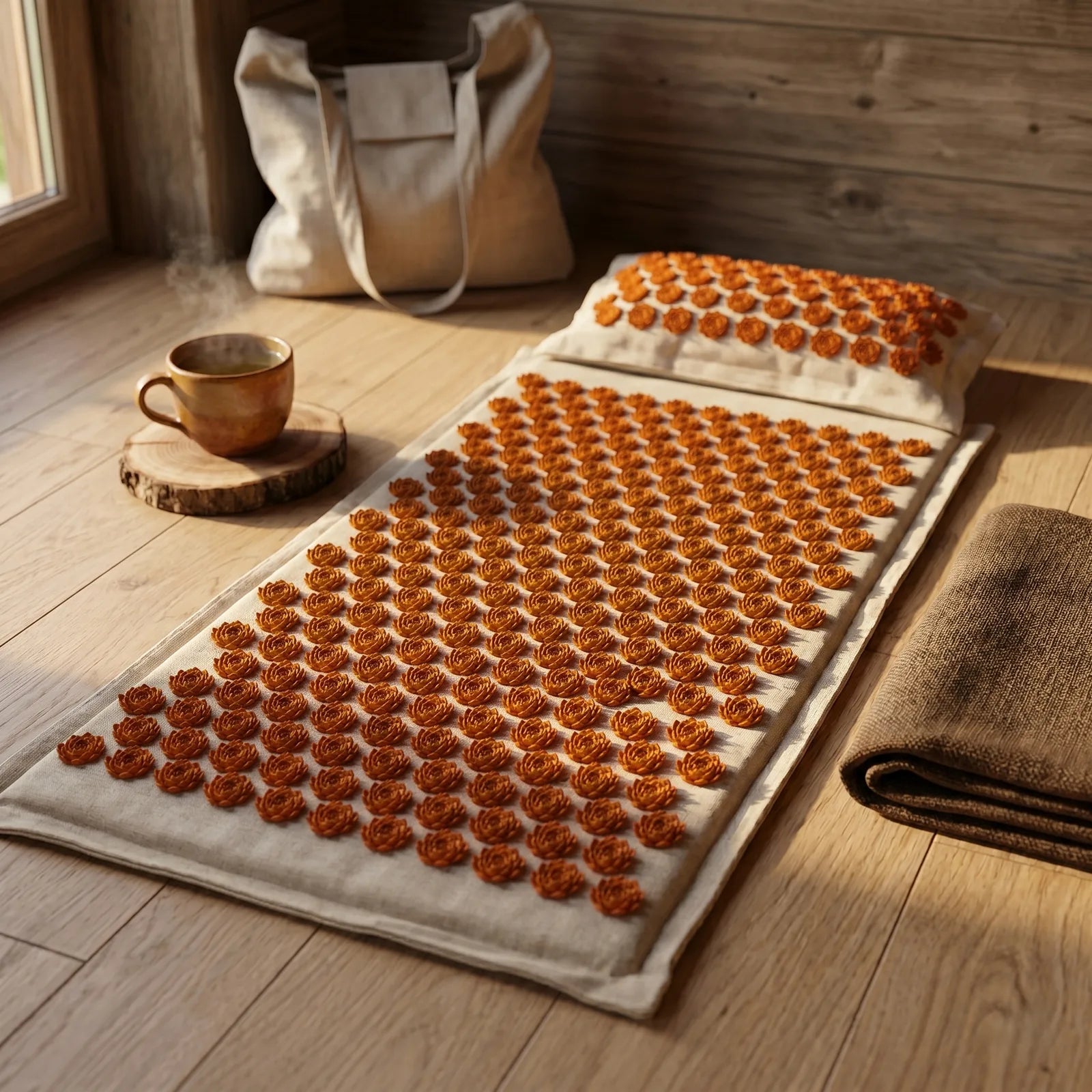 Viworo Vital acupressure mat unrolled on wooden floor in warm morning light