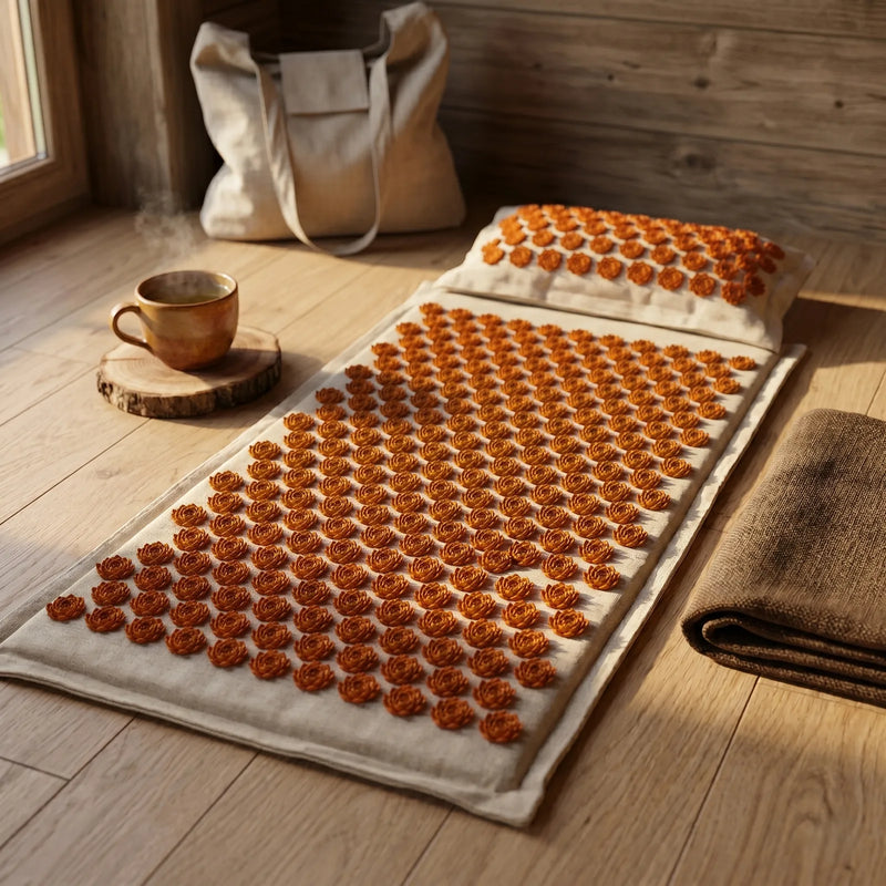 Tappetino per agopressione Viworo Vital steso su pavimento in legno con luce naturale del mattino