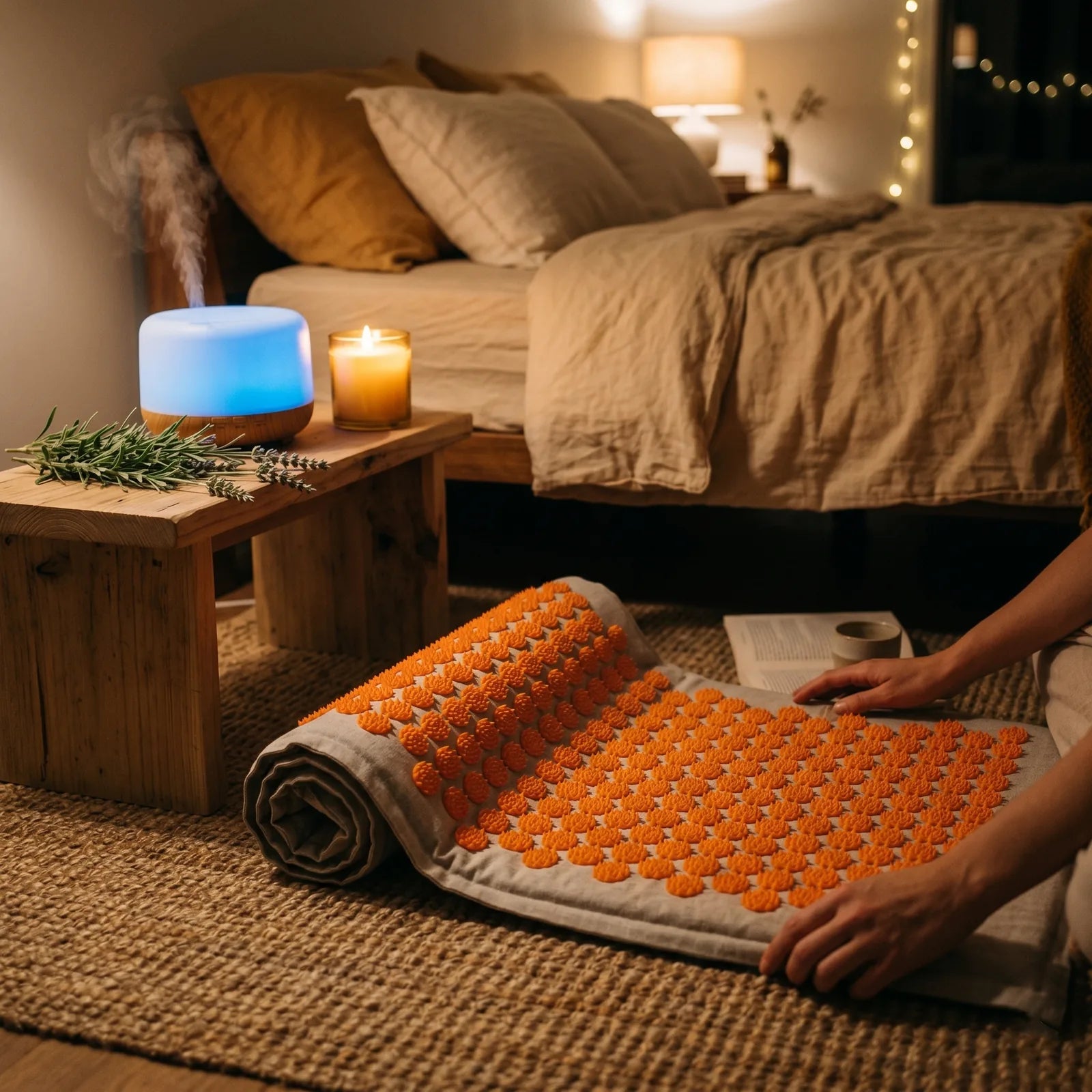 Evening deep relaxation ritual: mat, diffuser, intimate atmosphere