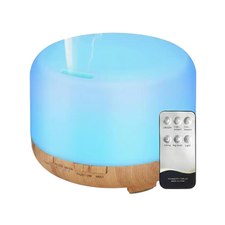 iffusore di aromi a ultrasuoni Viworo da 500ml con effetto legno, luce LED blu accesa e telecomando per il controllo a distanza.