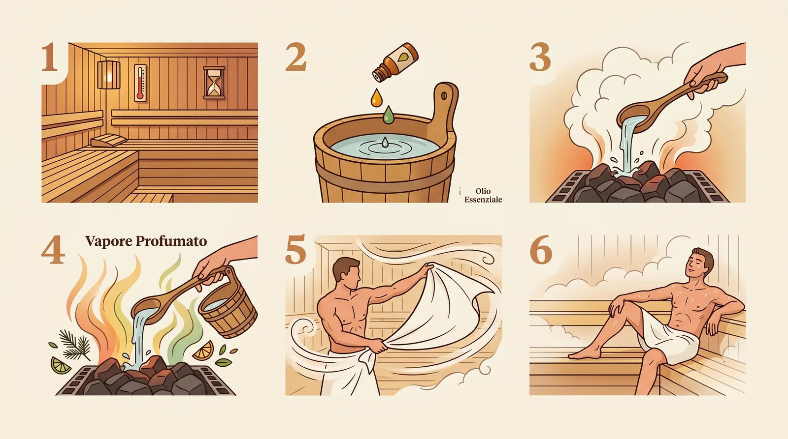 Complete aufguss procedure illustrated in 6 steps