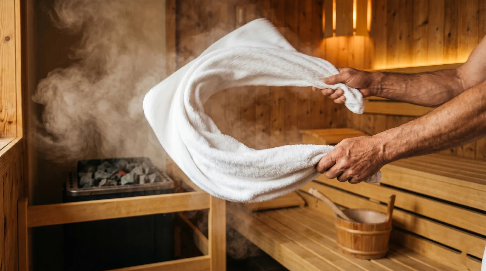 Aufguss master moves the towel to distribute the scented steam in the sauna