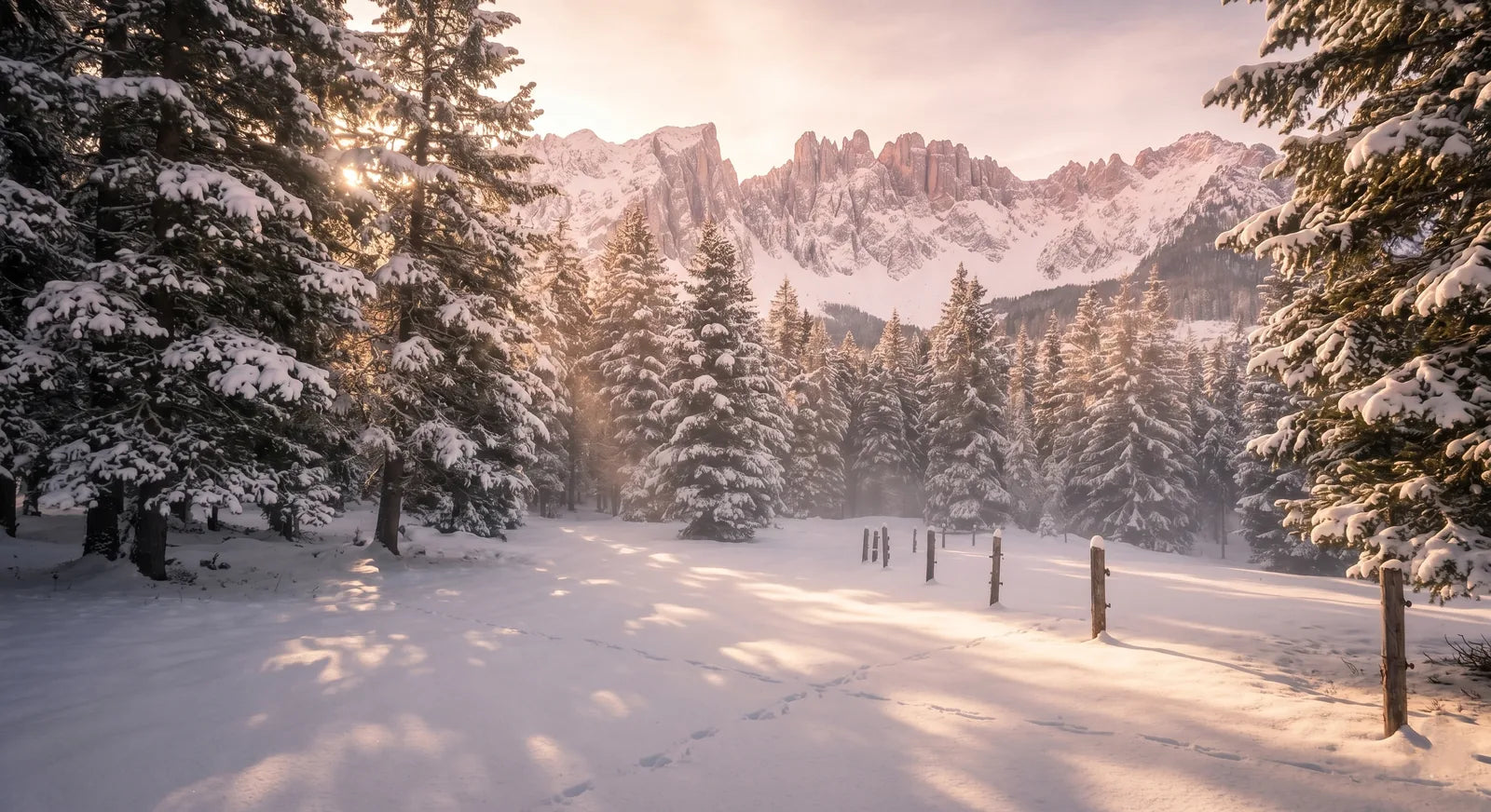 Snow-covered stone pine forest in South Tyrol with Dolomites view