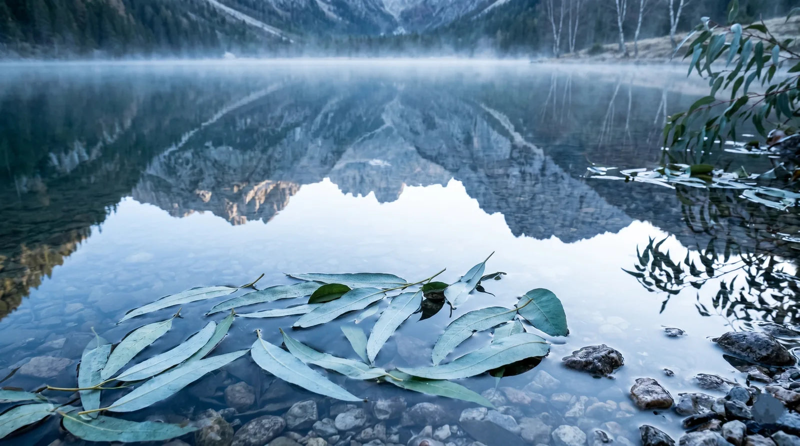 Alpine lake with eucalyptus leaves in fresh morning water