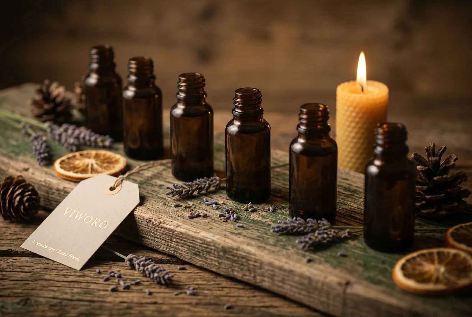 Six Viworo essential oils for creating aromatic sauna blends
