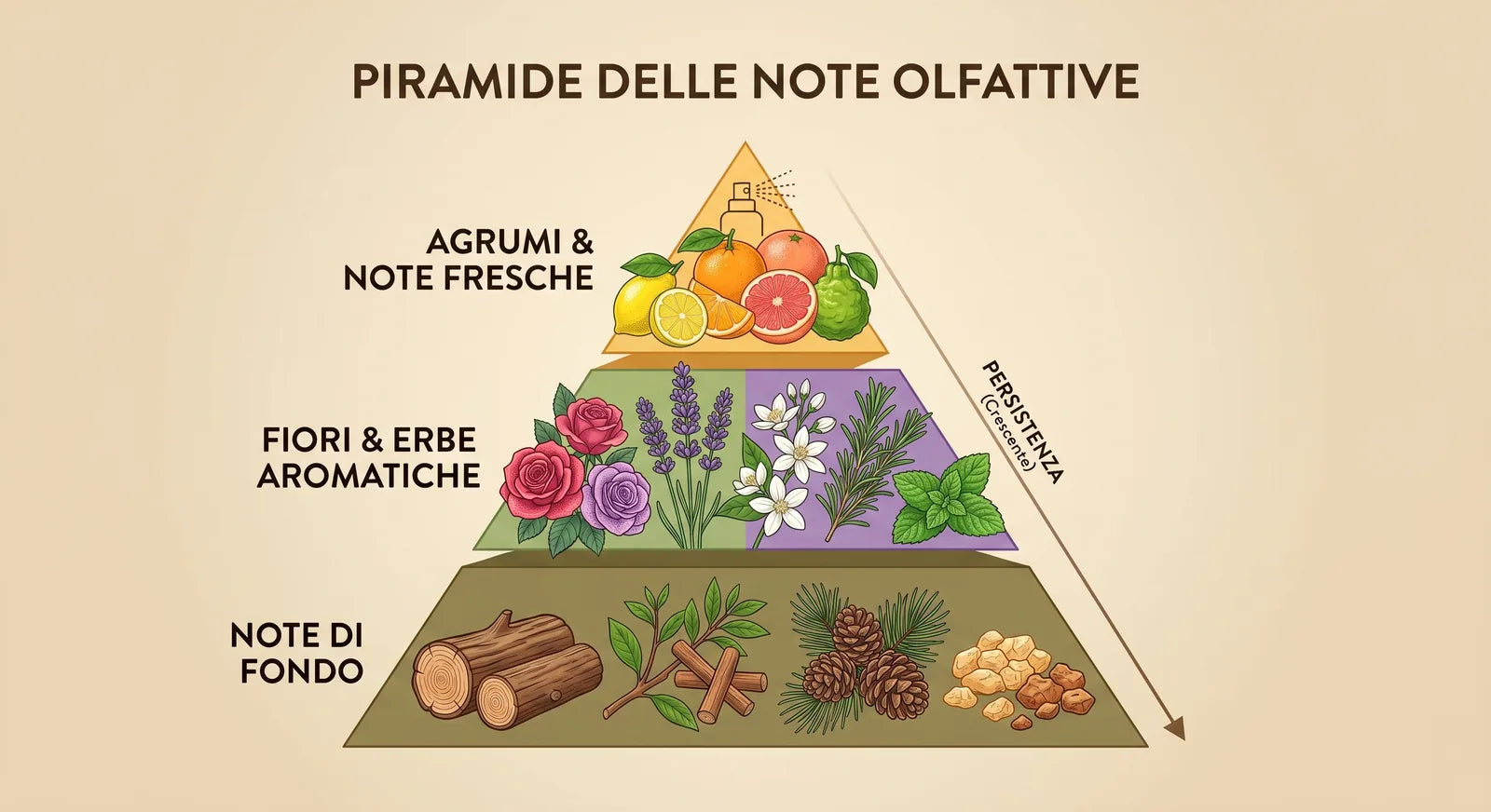 Pyramid of olfactory notes: top (citrus), heart (flowers and herbs), base (woods and resins)