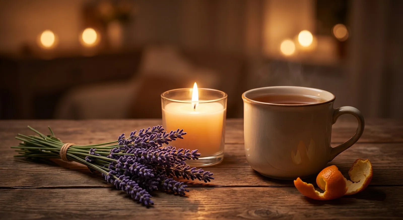 Evening relaxing atmosphere with lavender, candle, and tea cup