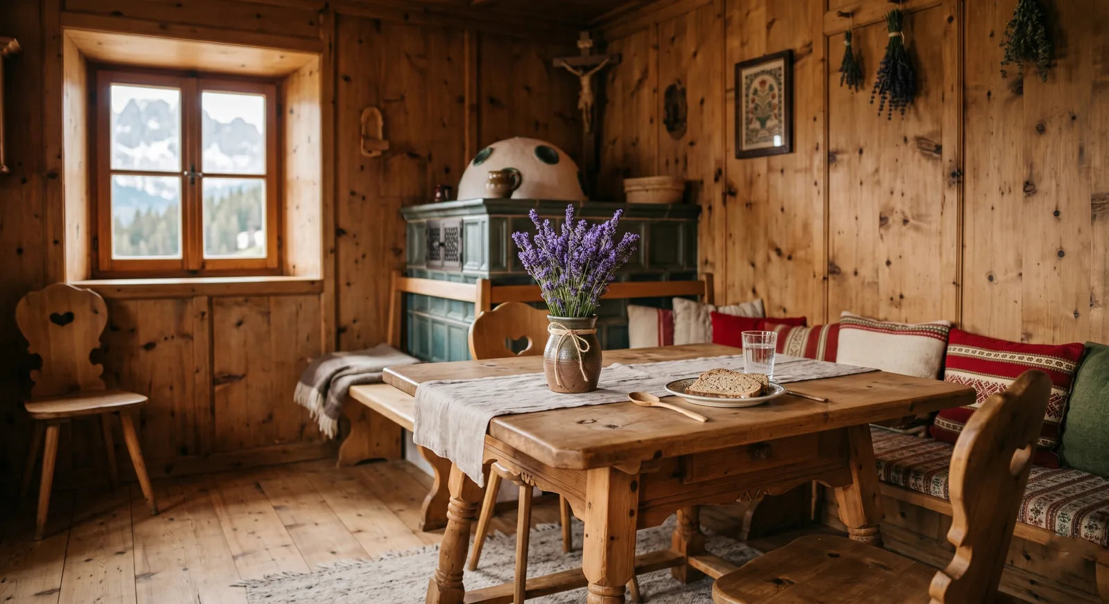 Traditional South Tyrolean stone pine Stube with lavender bouquet on the table