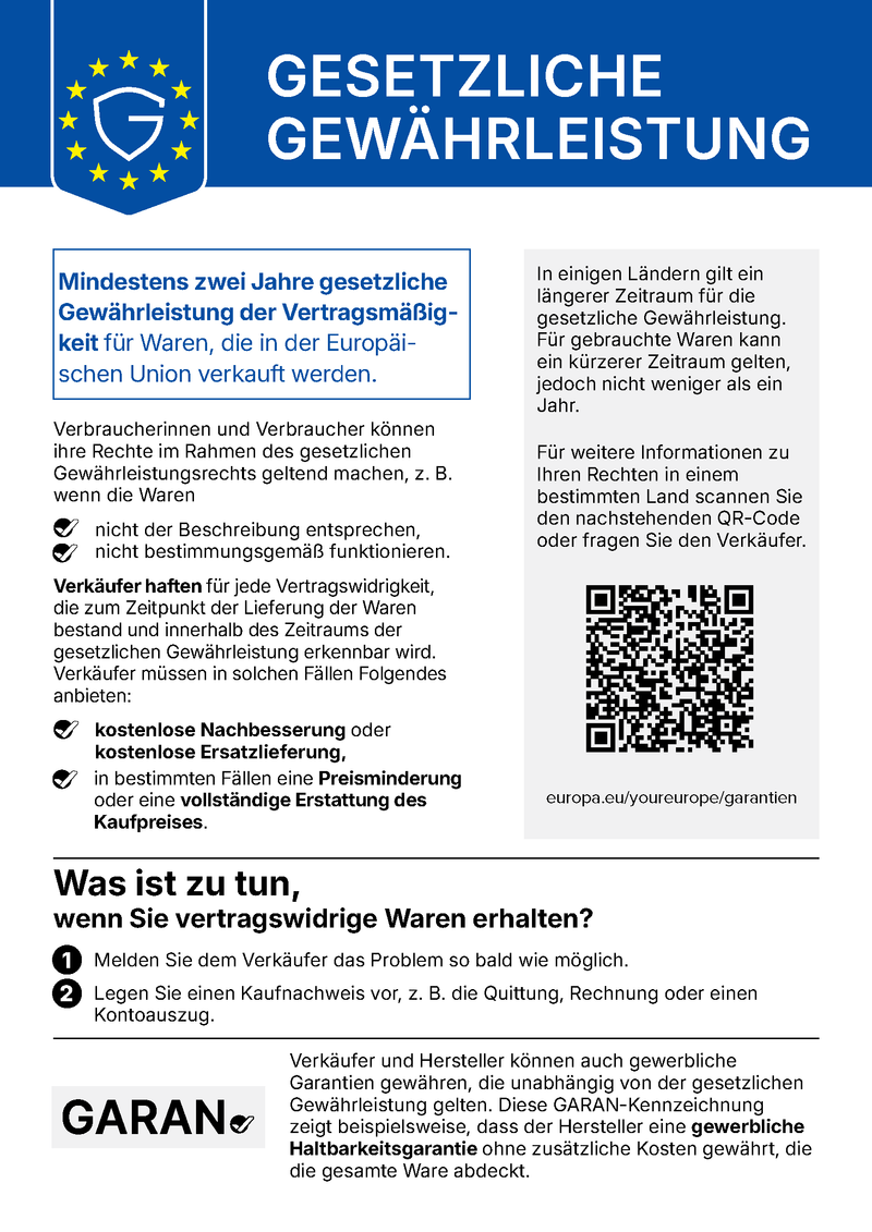 EU-Hinweis: Gesetzliche Gewährleistung von mindestens zwei Jahren für in der Europäischen Union verkaufte Waren