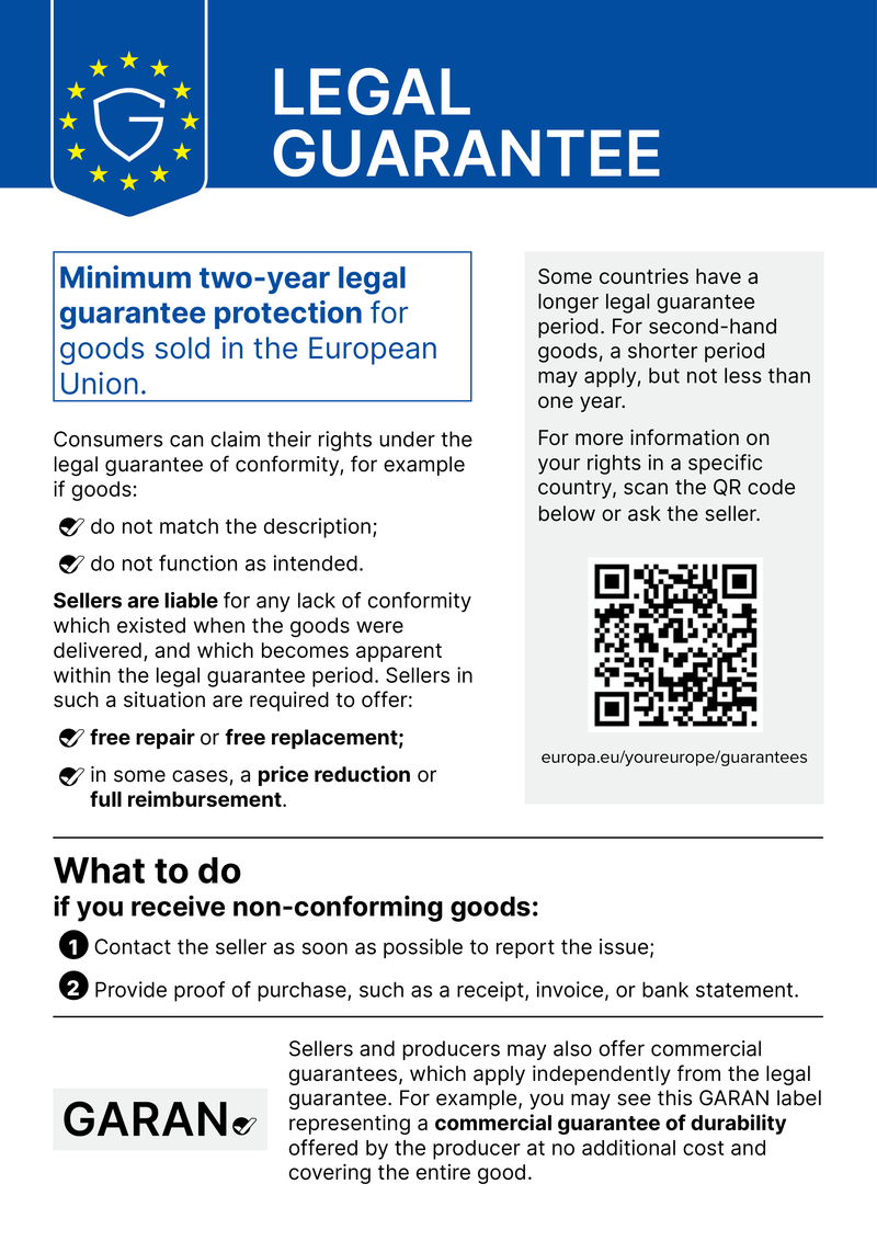 EU notice: minimum two-year legal guarantee for goods sold in the European Union